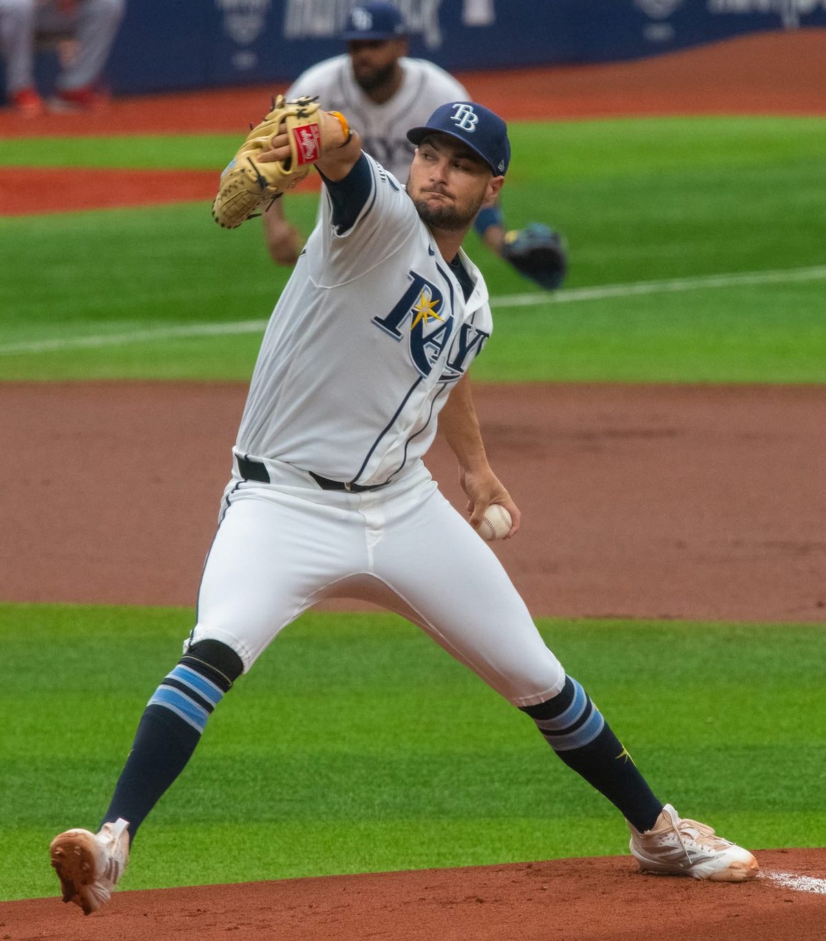 Shane McClanahan pitching for the Tampa Bay Rays, the starter behind two of tonight's nine plays
